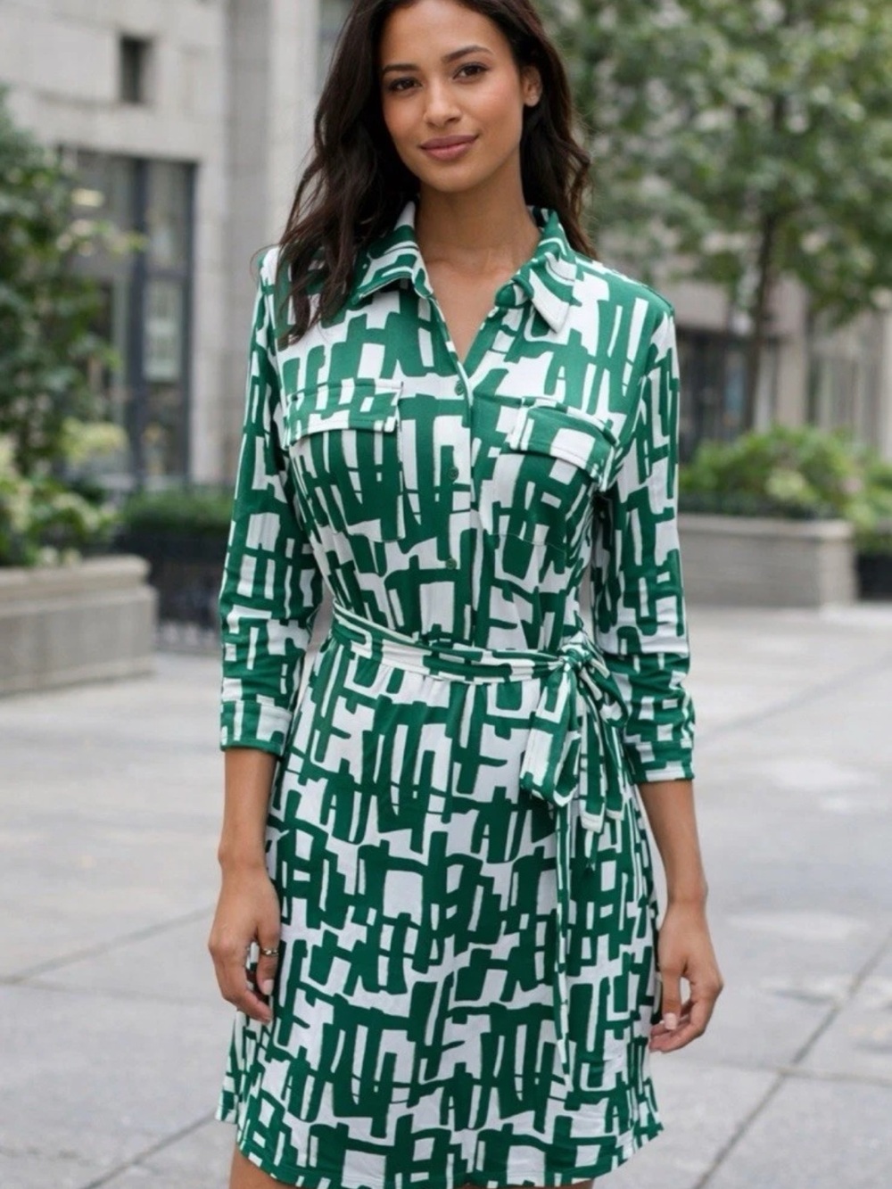 Glamour Green & White Abstract Print Mini Shirt Dress by John Meyers